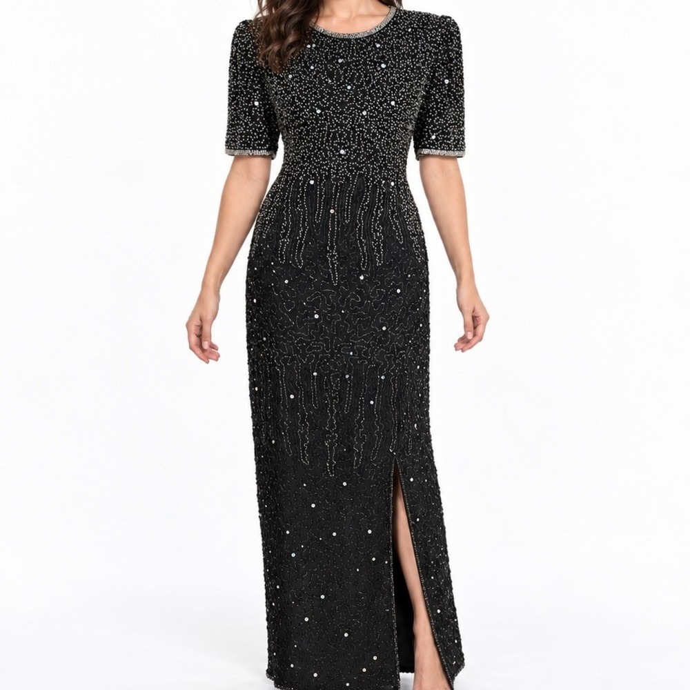 Laurence Kazar Silk Beaded Dress M Black Iridescent Formal Vintage Evening Gown